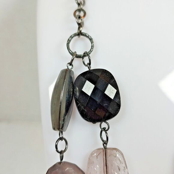 Gunmetal Chain Statement Necklace Zebra Print Beads Faceted Artisan 17" - 19" - Picture 6 of 14